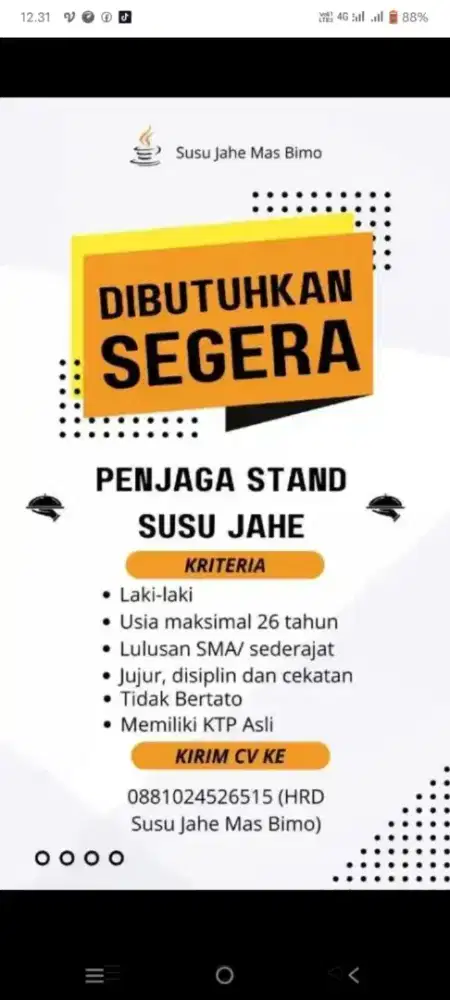 WE’RE HIRING Penjaga Stand Susu Jahe