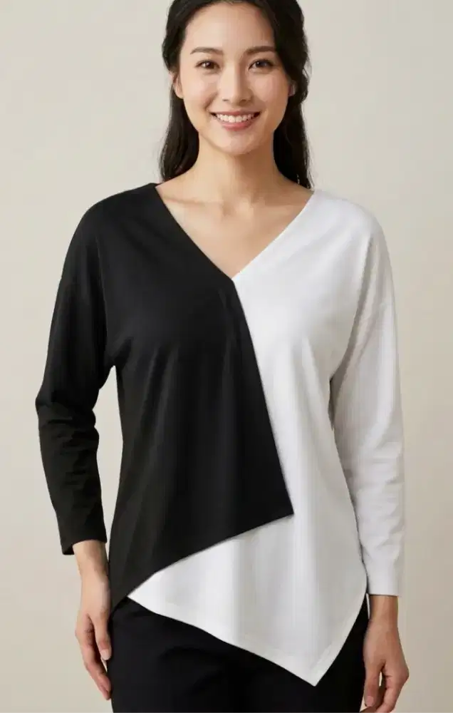 Women Two Tone Tops Long Sleeves Baju Atasan Wanita