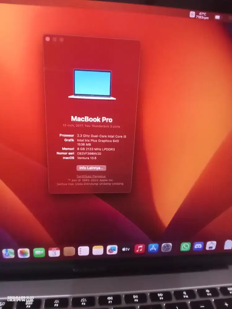 Jual BU MacBook Pro 2017 8/256 Non TB Mulus Nominus Siap Pakai