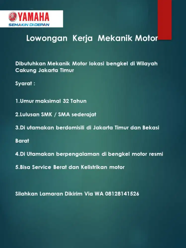 Lowongan pekerjaan mekanik motor bengkel resmi  yamaha