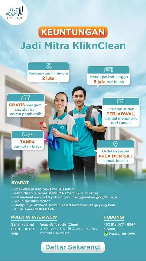 Cari kerja fleksibel dg penghasilan pasti? Gabung jd mitra KliknClean