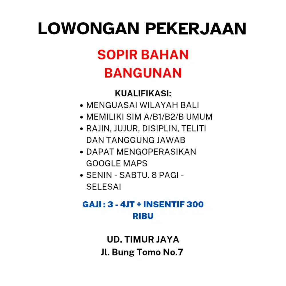 DIBUTUHKAN SEGERA SOPIR BAHAN BANGUNAN
