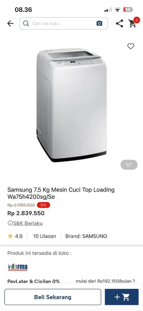 mesin cuci top loading samsung 7.5kg