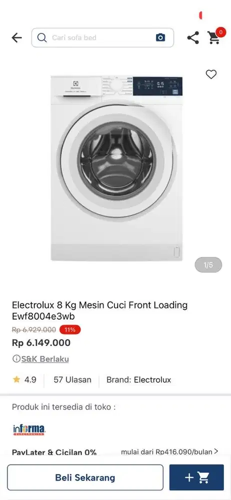 mesin cuci front loading electrolux 8kg