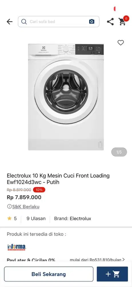 mesin cuci front loading electrolux 10kg