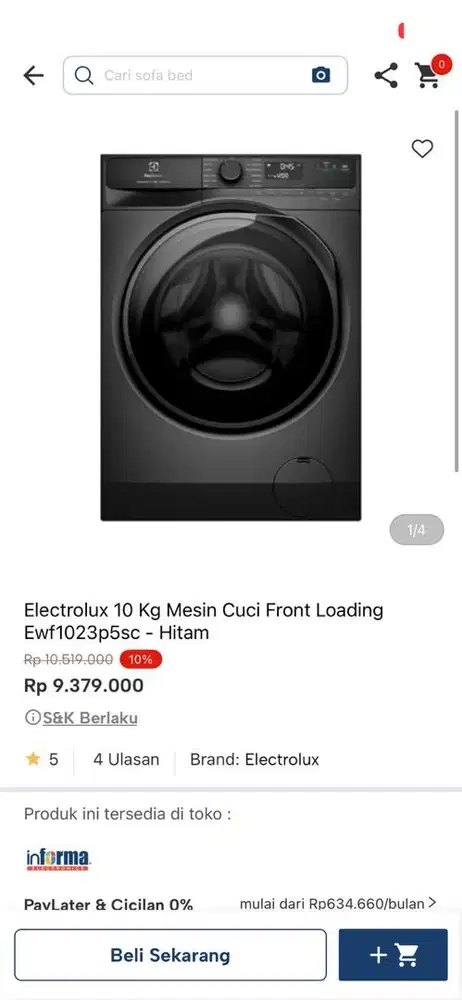 mesin cuci electrolux fornt loading 10kg