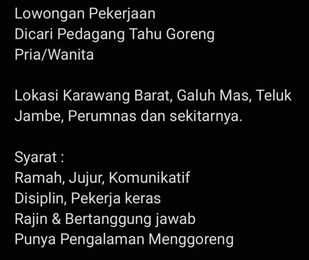 Lowongan jadi Pedagang Tahu Goreng