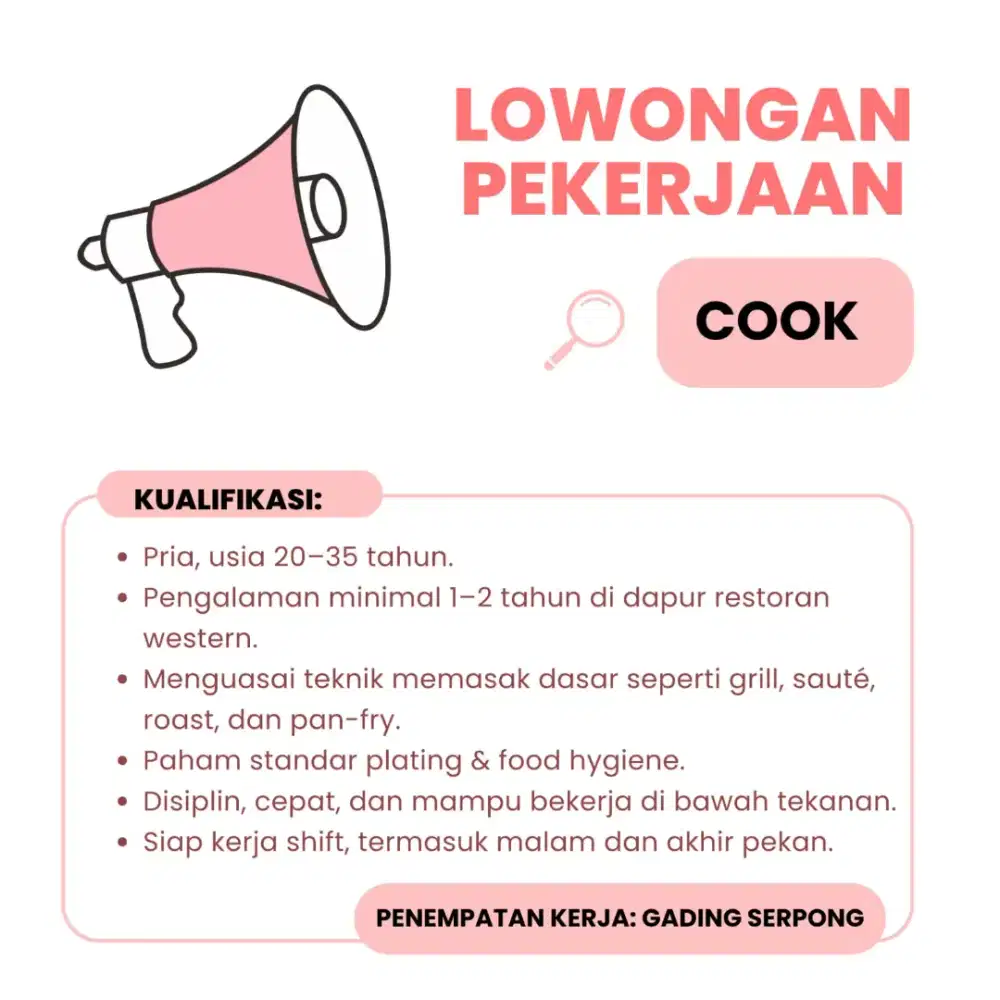 Dibutuhkan cook,kitchen hand dan barista untuk resto daerah serpong