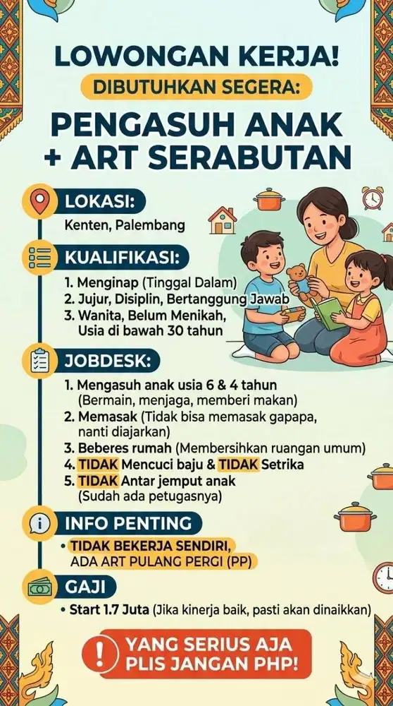Dibutuhkan Pengasuh anak + serabutan ART