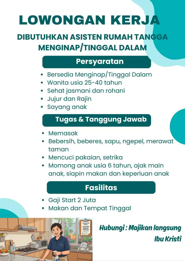 DIBUTUHKAN ASISTEN RUMAH TANGGA MENGINAP