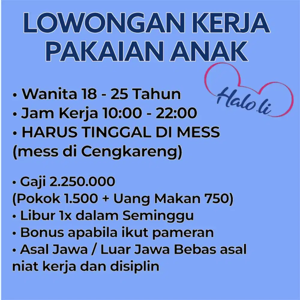 LOKER SPG PAKAIAN ANAK WAJIB TINGGAL DALAM