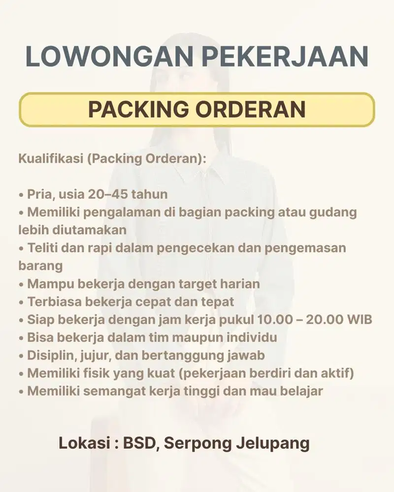 DICARI TUKANG PACKING ORDERAN
