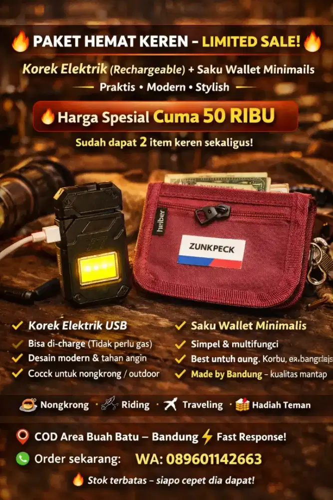 Sale Paket Hemat Aksesoris Pria Topi/Sako Wallet/Korek Electrik Mantap