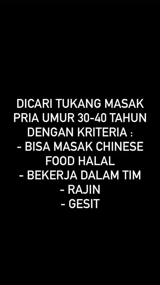 Dicari Tukang Masak Chinese Food