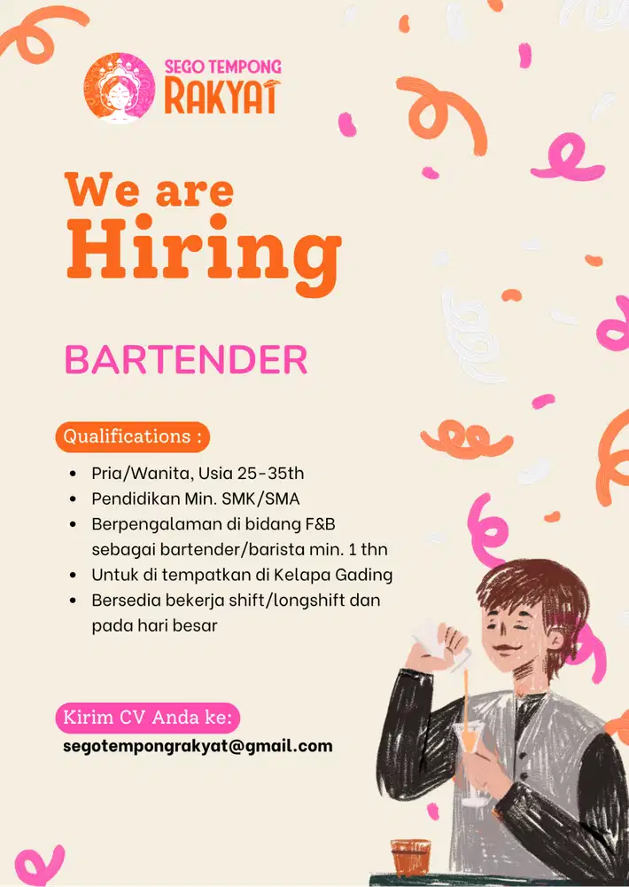 Lowongan Bartender / Barista untuk Resto di Kelapa Gading