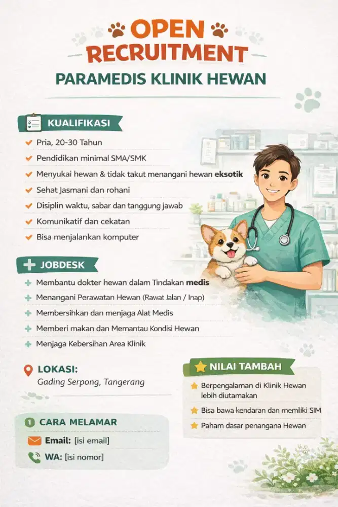 Dibutuhkan Paramedis klinik Hewan