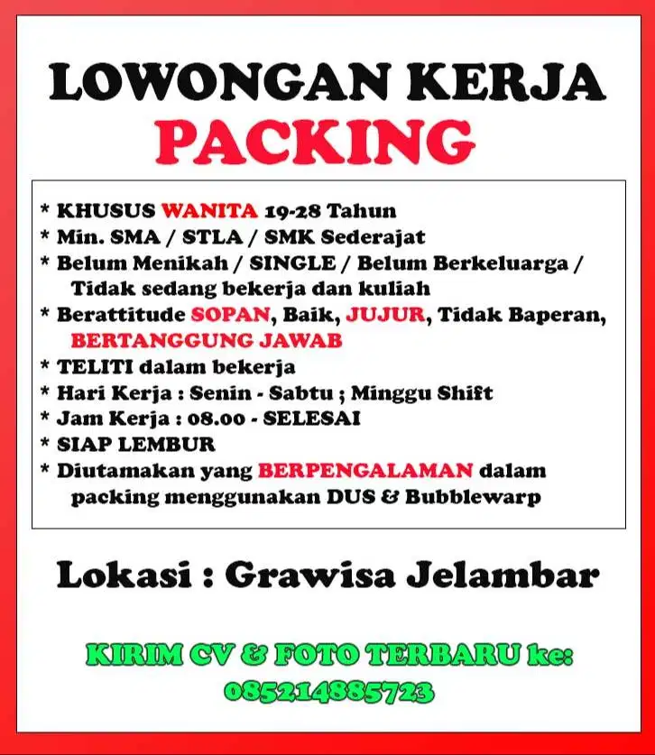 [KHUSUS WANITA] LOWONGAN KERJA PACKING OLSHOP