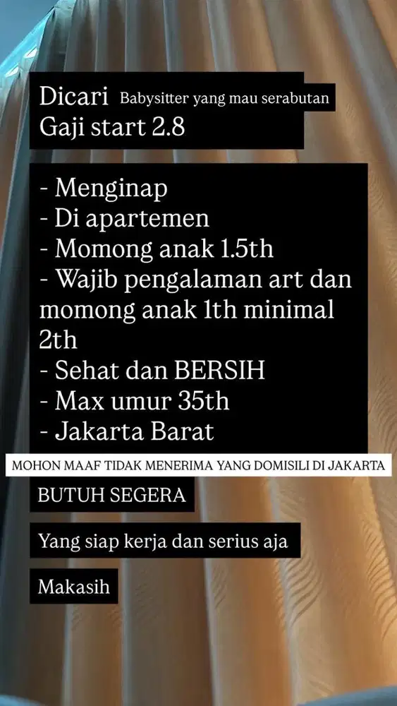 Dicari babysitter yang mau serabutan untuk di apartemen