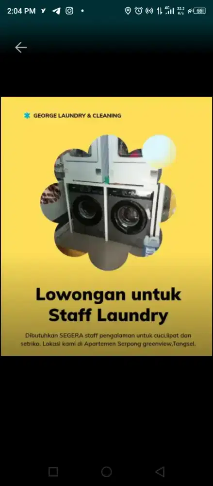 Segera dibutuhkan staff laundry di apt Serpong Greenview.
‎