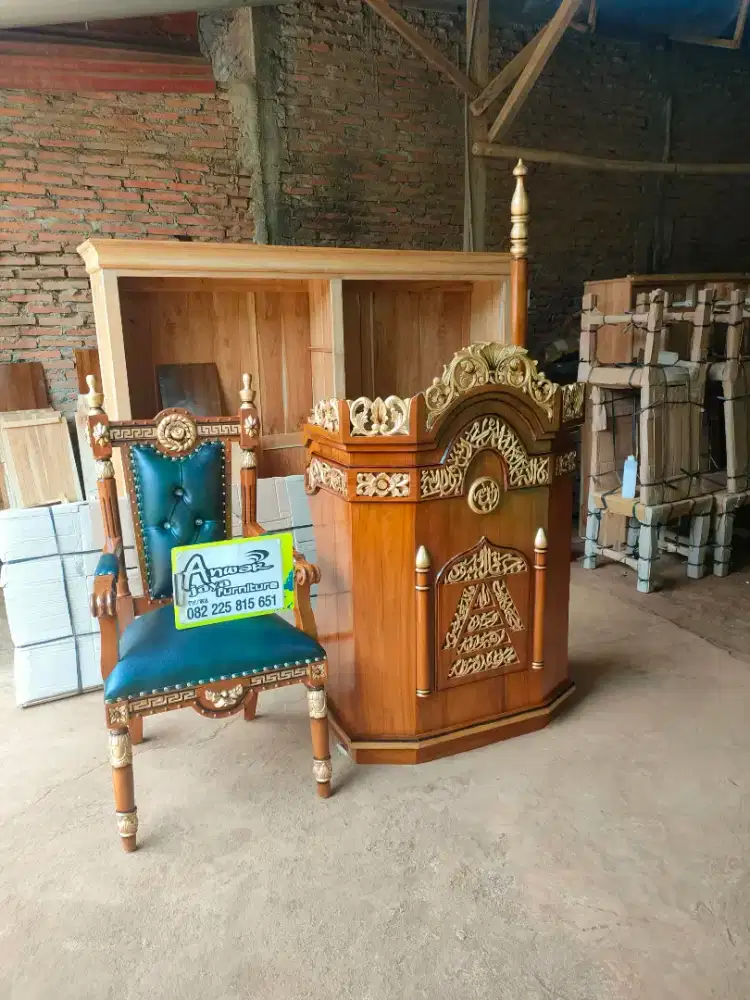 Mimbar masjid podium set kursi full kayu jati