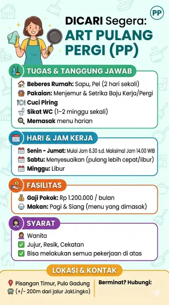 Cari ART Pulang Pergi Beberes dan Memasak