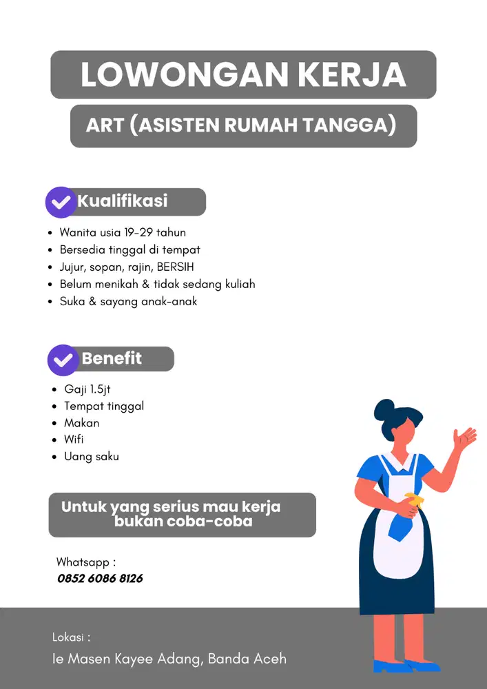 DIBUTUHKAN ASISTEN RUMAH TANGGA (ART)