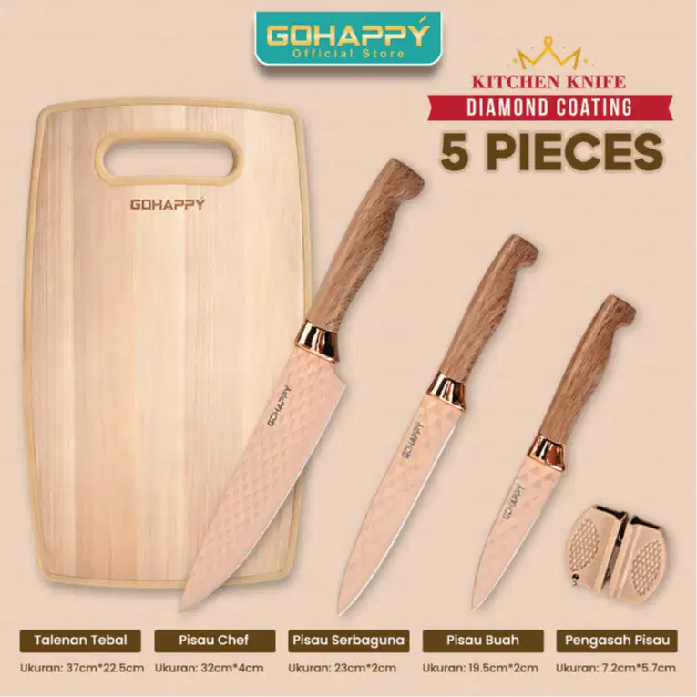 Gohappy pisau set 5pcs anti lengket bonus talenan & pengasah