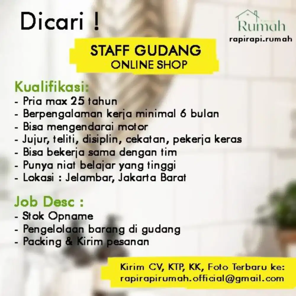 Dibutuhkan staf gudang toko online