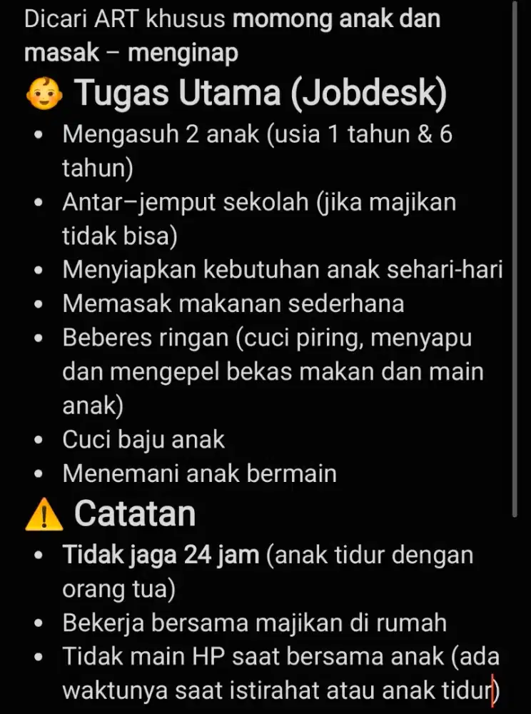 Dibutuhkan ART momong dan masak