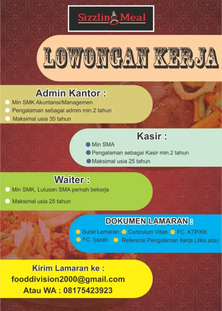 LOWONGAN ADMIN-COOK HELPER-KASIR-WAITER
