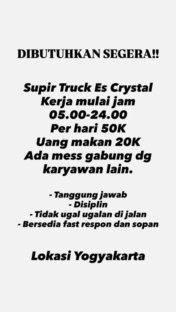 DICARI DRIVER TRUK HARIAN