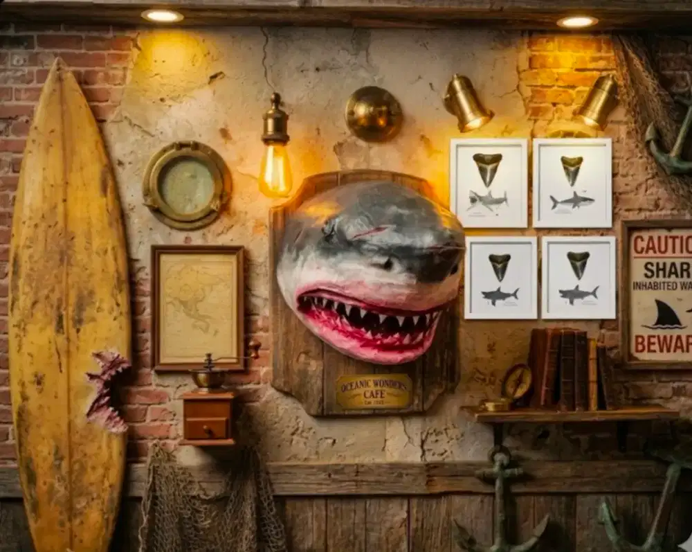 Satu set Hiasan dinding frame gigi hiu megalodon retro lawas vintage