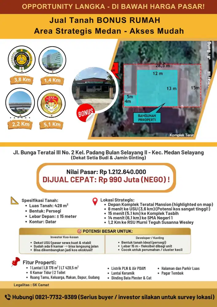 Jual Tanah BONUS RUMAH – Area Strategis Medan (Cocok perumahan/ Kost)