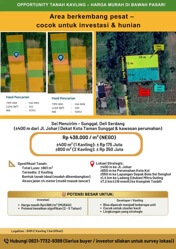 TANAH KAVLIING SEI MENCIRIM (SERTIFKAT SHM) HARGA DIBAWAH PASAR !
