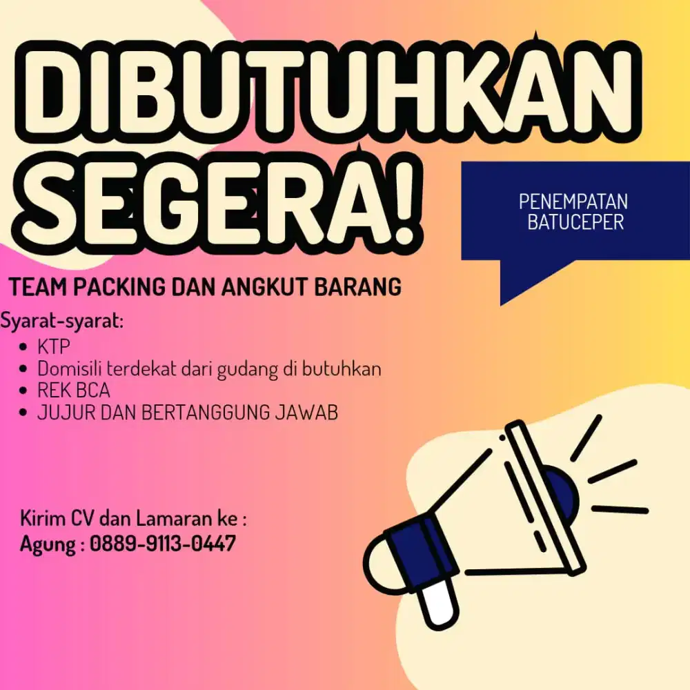 Dibutuhkan pria dan wanita packing dan angkut barang