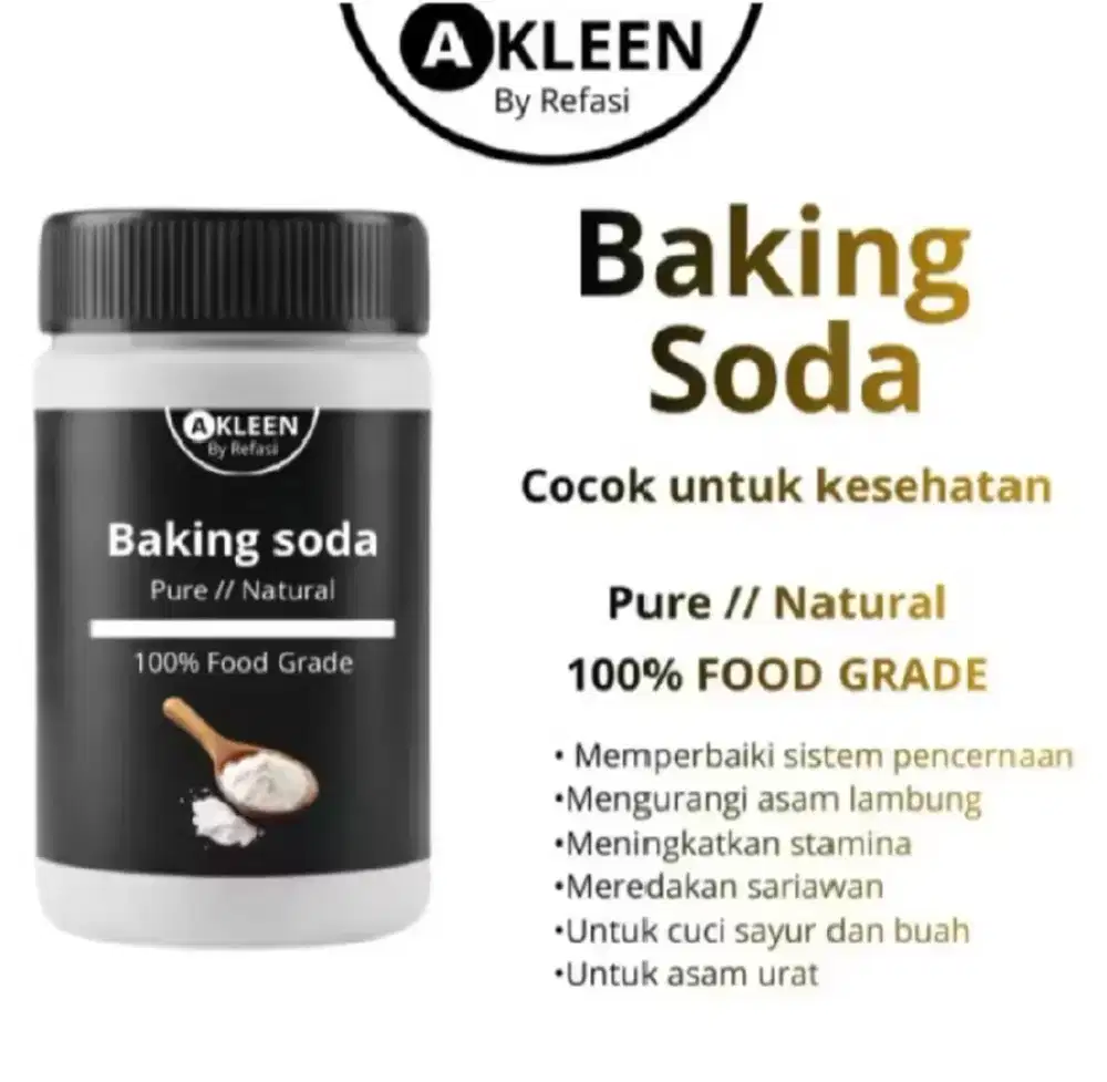 Akleen Halal Backing Soda tersedia ukuran 250g, 500g, 1000g
