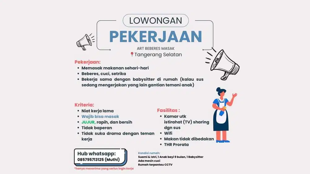 LOWONGAN ART NGINAP BEBERES MASAK (MAJIKAN LANGSUNG)
