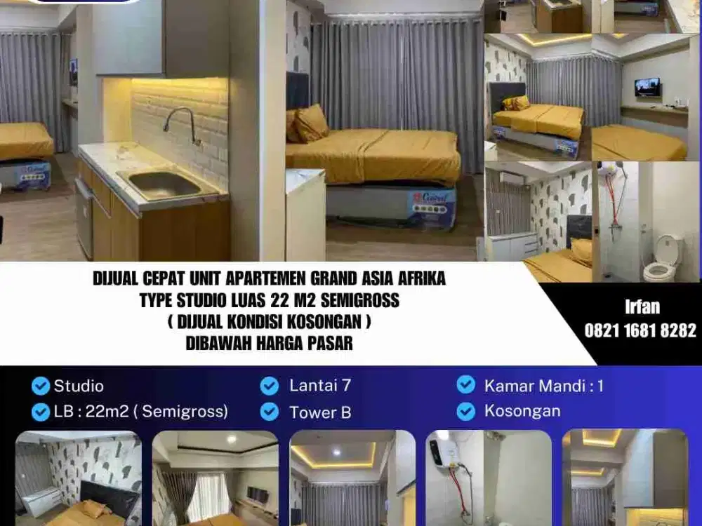 Dijual Cepat Unit Apartemen Grand Asia Afrika
Siap Huni Type Studio 22m2 Kosongan