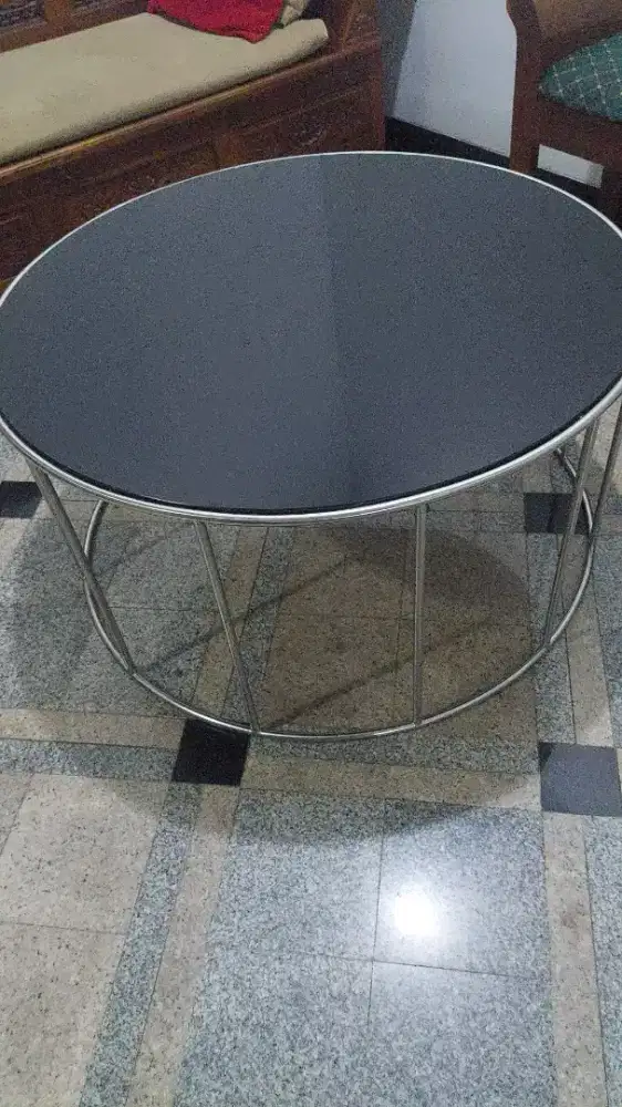 Meja bundar glass stainless size 90x40