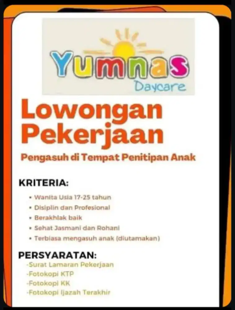 Lowongan Tenaga Daycare (Tempat Penitipan Anak)