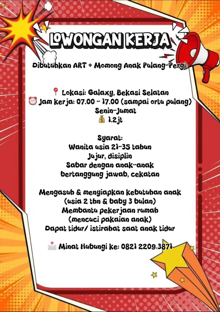 Dibutuhkan ART dan Momong Anak Pulang Pergi