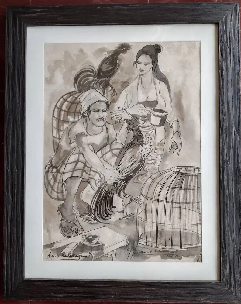 Hendra Gunawan, lukisan ink on paper, original dengan cap dokumentasi.