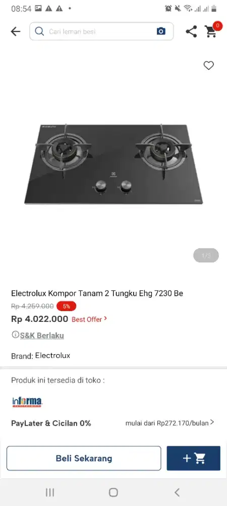Electrolux kompor tanam 2tungku