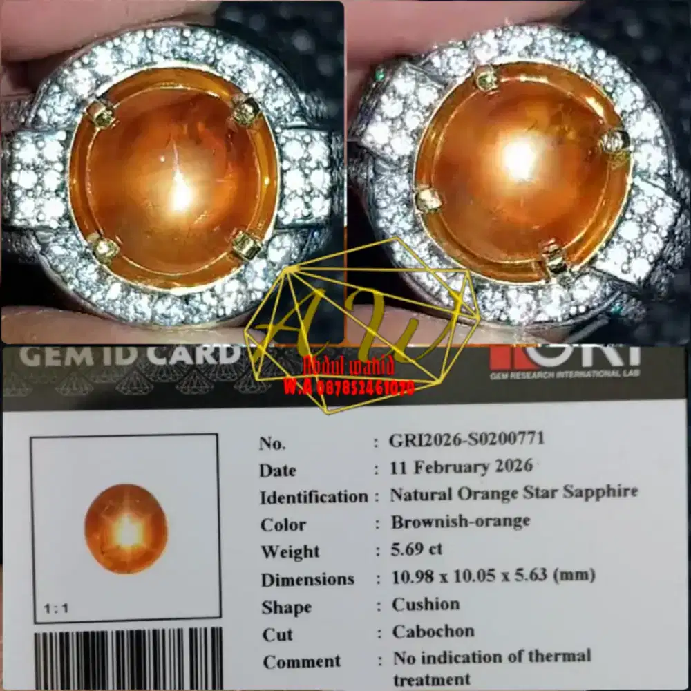 Hq star orange sapphire nh 5.69carat body glass mewah