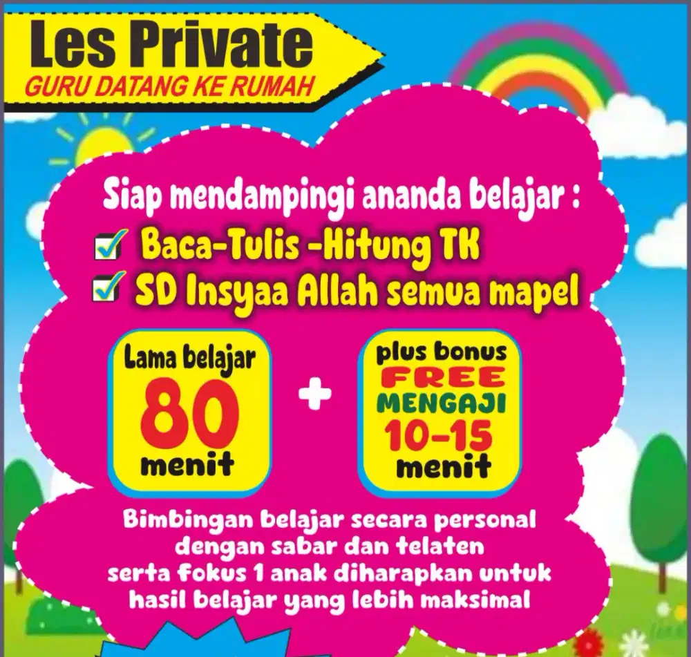 LES PRIVAT PAUD, TK (baca, tulis, hitung) dan SD