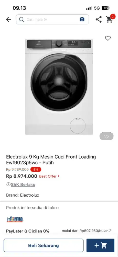 MESIN CUCI FRONT LOADING ELECTROLUX 9KG