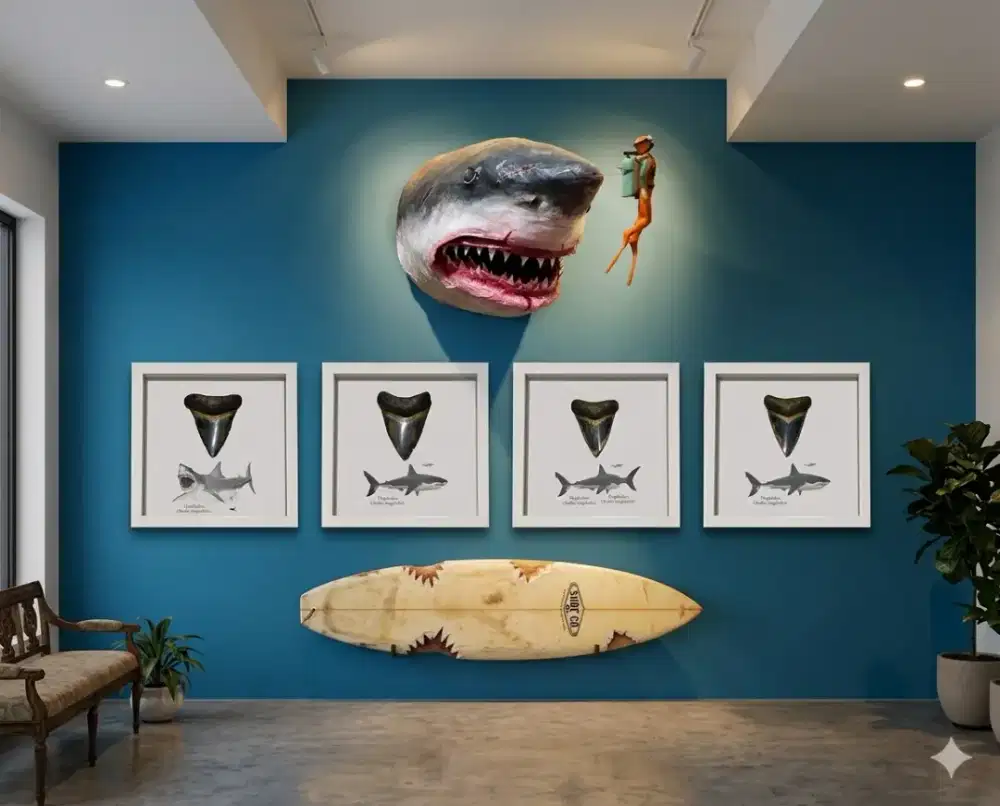 Satu set Hiasan dinding frame gigi hiu megalodon retro lawas vintage