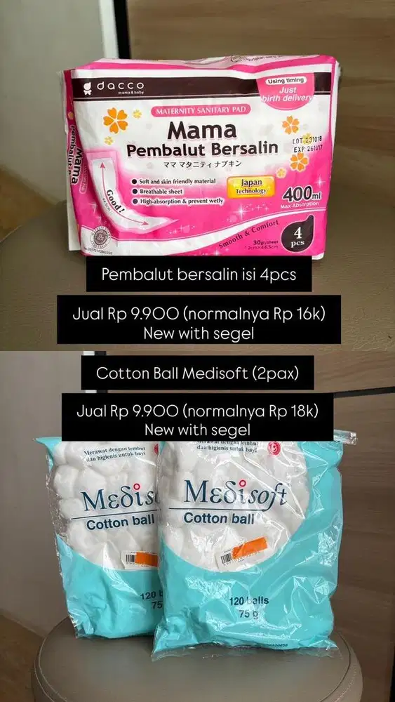 Pembalut bersalin dan cotton ball