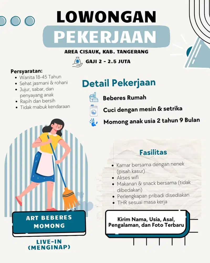 Dicari Segera ART Beberes Momong