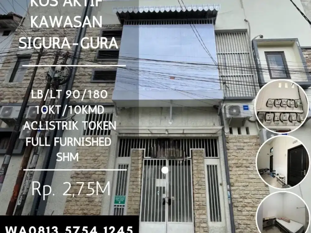 Dijual kos aktif sigura2 10KT 10KMD furnished kawasan UB UM UIN MATOS 2.75M